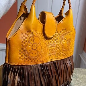 Artisan Leather Floral Shoulder Bag - Mustard and Dark Brown